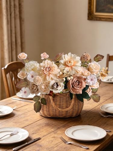 rongflower Artificial Flowers Combo Nude Brown Silk Flowers Dahlia & Rose with Stems for DIY Wedding Bridal Bouquets, Baby Shower, Floral Arrangement, Table Centerpieces, Home Decorations - color: Nude Brown