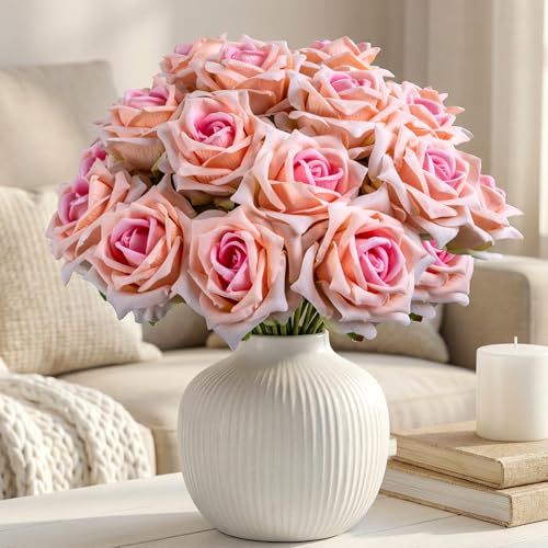 Ttranewsoo Fake Roses Faux Flowers Silk Roses Artificial Roses with Stems Realistic Artificial Flowers 16.5In Suitable for Indoor Home Decoration DIY Bouquet Wedding Decor Party Decor (Pink, 24PCS) - color: Pink 24pcs