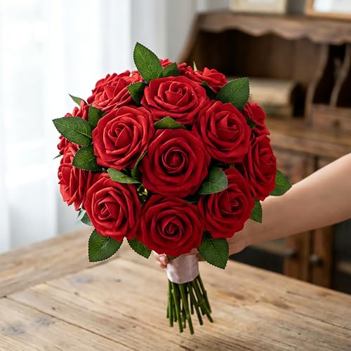 30pcs Real Looking Red Foam Artificial Roses with Stems, Fake Rose Flowers for DIY Wedding Bouquets Bridal Shower Centerpieces Home Party Tables Valentine's Day Mother's Day Decor Gift - color: 30pcs Red