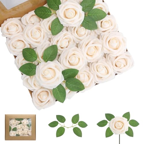 Artificial Flowers 50PCS Champagne Roses Real Looking Foam Fake Roses with Leaves and for DIY Wedding Bouquets Bridal Shower Centerpieces Party Decorations (Champagne) - color: Champagne, size: 50