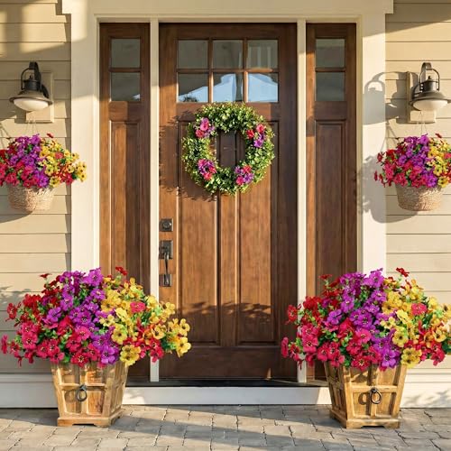 16 Bundles Artificial Flowers for Outdoors, Faux Plants Flowers, Silk Colorful Fake Flowers Eucalyptus Realistic UV Resistant for Outdoors Home Planter Porch Patio Yard Decor (16, Mixed 4 Colors) - color: Mixed 4 Colors