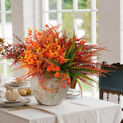 Artificial Fall Plants, 10 Bundles Faux Plants Autumn Indoor Outdoor Decoration Fake Plastic Mix Artificial Plant Flowers for Home Thanksgiving Christmas Wedding Party Porch Patio Garden Decor