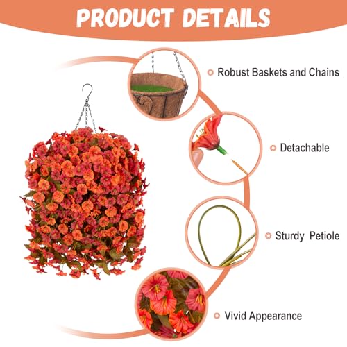 INXUGAO Artificial Flowers Plants with Hanging Basket, Fake Realistic Silk Morning Glory Petunia Long Vines, Faux Flower Arrangement for Outdoor Garden Patio Decor, OrangeRed - color: Orangered