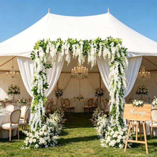 dallisten Wisteria Artificial Flowers Garland, 2Pcs 7.2Ft/Piece Silk Fake Wisteria Vine Kit, Hanging Flower for House Outdoor Garden Ceremony Outside Wedding Arch Floral Decor (2, White) - color: White