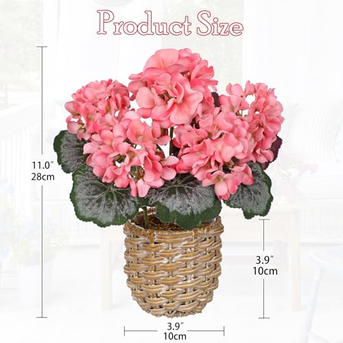 Briful Artificial Pink Geranium Flowers in Woven Basket, 11’’ Tall Silk Flower Arrangement, Realistic Geraniums Artificial Outdoor Plants for Home Indoor Farmhouse Table Wedding Centerpiece Decor - color: 11'' Tall Pink, Woven Basin