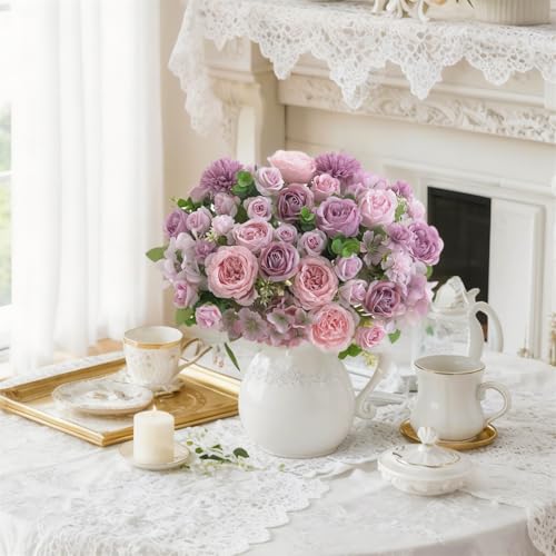 8 Pcs Mixed Artificial Peony Flowers Set-4 Bouquets & 4 Stems, Purple Fake Peony Rose Hydrangea Flower for Vase Silk Floral Arrangement for Table Centerpiece Wedding Party Bridal Decoration Home Decor - color: Purple, size: Mixed 8pcs