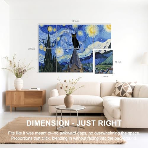 Mollywell Art Acoustic Panels, 48x32 in, Black Cat in Starry Night | Self-Adhesive, Reduces Echo, Sound Absorbing, Modern Art Wall Decor, Living Room, Studio, Bedroom, Office - color: Black Cat in Starry Night, size: 8 Pack Art