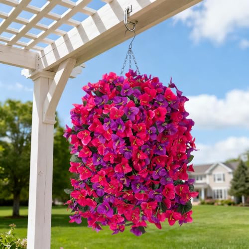 Artificial Fake Hanging Flowers with Basket for Outdoors Decoration, 3PCS Faux Flowers for Outdoor Planters UV Resistant No Fade Silk Bougainvillea for Home Porch Patio Garden Balcony Yard Decor - color: Rose Dark Lotus Color With Basket