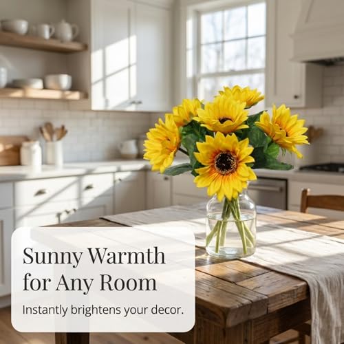 Larksilk Yellow Sunflowers, 14in 6-Stem Faux Bundle for Vases & Home Decor | One 14in bundle of 6 yellow faux sunflower stems for vases, centerpieces & home decor; bright, lifelike blooms