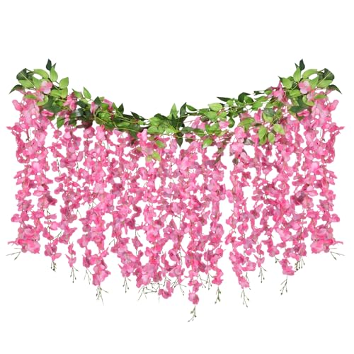 ARTKAIKE Artificial Flowers Garland for Home Decor, Fake Wisteria Vine Silk Hanging Plant Flower for Room Bathroom Wall Kitchen Bedroom Garden Outdoor Wedding Decor (4, Dark Pink) - color: Dark Pink