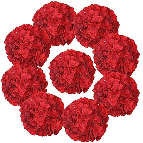 10PCS Silk Hydrangea Heads with Stems Artificial Flowers for Wedding Party Home Decor (Red) - color: Red