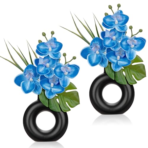 Briful 2PCS Blue Orchid Fake Flowers in Black Ceramic Pot Silk Orchid Floral Arrangement Faux Orchid Plant for Home Office Room Shelf Table Centerpiece Modern Decor - color: Blue