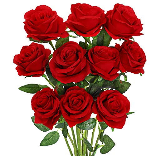 Luyue 10PCS Artificial Roses Flower with Stems Slik Fake Flowers Bouquet Realistic Long Stem Faux Rose for Valentines Day Wedding Home Decor - color: A-red