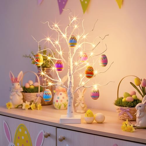 PEIDUO Easter Decorations for Home, 2FT 24LT Egg Tree Lighted with Battery Powered and Timer, Lighted Easter Trees Decor, Pre-lit White Birch Tree for Party Spring Decor - style: Easter tree