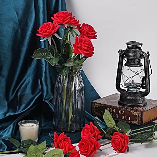 ZMZQ&flw Red Roses Artificial Flowers 12PCS, Real Touch Silk Flowers, Realistic Single Fake Flower with Stems Leaves - color: Red 12pcs