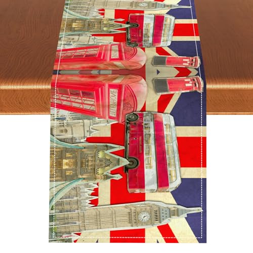 British Table Runner, Seasonal Vintage Buildings England London Culture Element Coffee Table Center Decor for Home Kitchen Dining Patio Holiday Party Table Decorations 13x36 inches - color: Tr-england03, size: 13x36" Table Runner