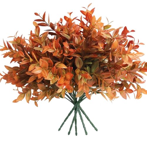 6 Bundles Artificial Greenery Stems, 14.5" Fake Lucky Bamboo Leaves Fall Faux Flowers Plants UV Resistant Plastic Shrubs for Outdoor Home Garden Patio Porch Farmhouse Pathway Thanksgiving Indoor Decor - color: Autumn Yellow