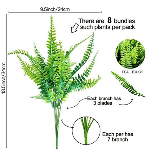 8 Bundles Ferns Artificial Plant Flower Outdoor Fake Boston Fern Bushes UV Resistant Plastic Faux Fern Greenery Stems Leaves for Home Indoor Outside Ground Porch Garden Arrangements Décor - color: Green Fern, size: 8pcs