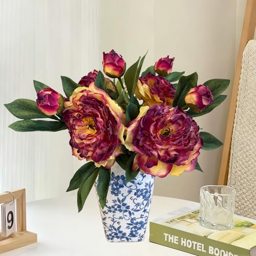 4 PCS Premium White Peonies Artificial Flowers,19.2’’Fake Faux Silk Peonies for Centerpieces Wedding Home Decor (4, Burgundy) - color: Burgundy