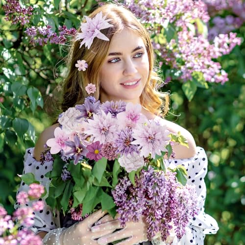 LACGO 48 PCS Artificial Flowers Heads, Fake Daisy Heads Bulk Silk Faux Rose DIY Cake Decor Blossom Garland Wreath Bouquets Crafts for Halloween Wedding Bridal Baby Shower Home Party Decoration(Purple) - color: Purple