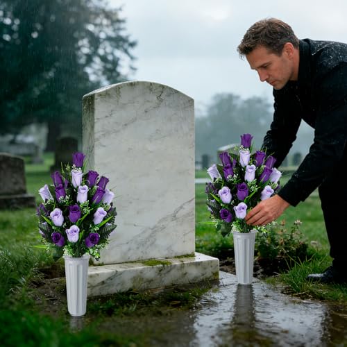Artificial Cemetery Flowers - Set of 2 Grave Memorial Rose Flowers with Vase for Cemetery Headstones Gravesites Decoration (Dark Purple&Light Purple) - color: Dark Purple&light Purple