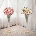 LemonRoad 2 Pcs 32 Inch Tall Gold Crystal Trumpet Vase for Centerpiece Wedding Extra Large Crystal Beaded Flower Vase with Metal Base for Table Floor Party Anniversary Birthday Banquet Celebration