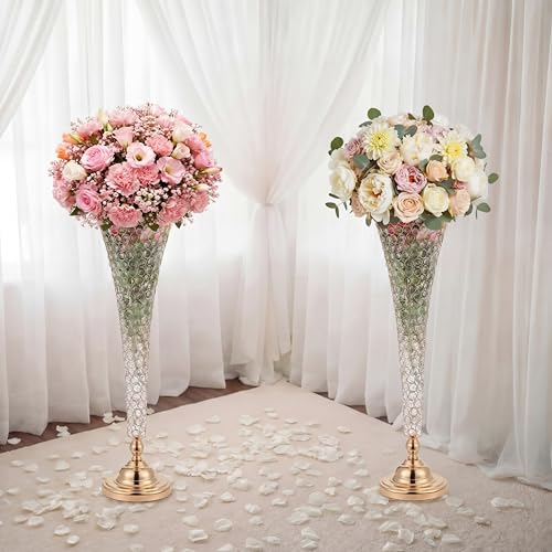 LemonRoad 2 Pcs 32 Inch Tall Gold Crystal Trumpet Vase for Centerpiece Wedding Extra Large Crystal Beaded Flower Vase with Metal Base for Table Floor Party Anniversary Birthday Banquet Celebration