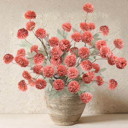 INQCMY Artificial Flowers 12 Pcs Fake Chrysanthemums Orange Faux Kiku Flower Long Stem 20" Realistic Silk Pompon Fall Mums for Vase Wedding Bouquets Centerpieces Home Decor - color: Deep Orange