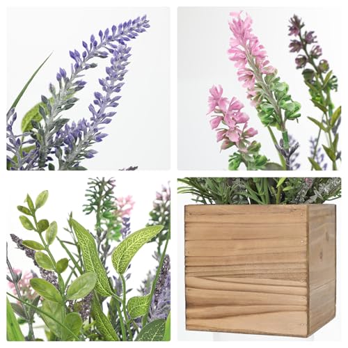 DILATATA Rustic Lavender Flowers Artificial Lavender Decor Fake Lavender Plant in Wooden Pot Faux Plants for Home Bathroom Table Centerpieces Wedding Decor Potted Lavender Flower Purple Decor - size: 13" W.P
