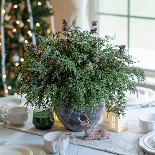 Faux Cedar Stems Artificial Norfolk Pine Branches for Christmas Decor, 12 PCS Fake Pine Stems with 2 PCS Pine Cones Branches Real Touch Realistic Faux Greenery for Vases DIY Garland Xmas Table Indoor - color: 12 Pcs Cedar Stems, 2 Pcs Small Pinecone Stems