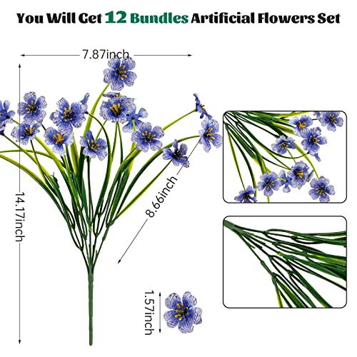 Lnoicy 12 Pcs Artificial Flowers for Outdoor,Plastic Flowers Decoration, UV Resistant Faux Flowers Shrubs, Artificial Plants for Indoor Outside Garden Home Wedding Farmhouse(Blue) - color: Blue, size: 12