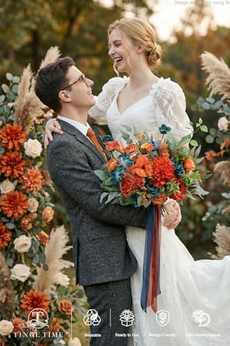 TINGE TIME 13 Inch Burnt Orange & Dark Teal Wedding Bouquets for Bride, Bridal Bouquet for Bride, Artificial Silk Rose for Graduation Bouquet, Fake Flowers for Fall Wedding Ceremony and Anniversary - color: Burnt Orange & Dark Teal