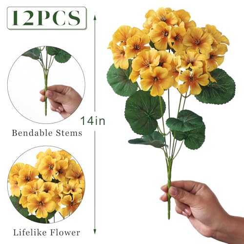 GLIDLION 12 Bundles Artificial Geranium Flowers for Spring Summer Decor, UV-Resistant Fake Plants Realistic Faux Silk Bouquets for Front Door Farmhouse Garden Porch Home Outdoor Decor (Yellow) - color: Yellow