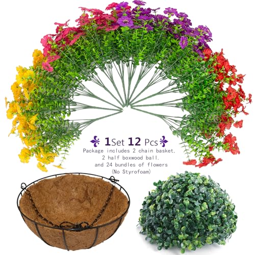 Hananona 2 Set Artificial Outdoor Flowers with Hanging Basket, 2 Hanging Planters with 24 Pcs Flowers for Spring Summer Front Porch Garden Patio Home Decor (2, Red, Purple, Yellow, Rose Red) - color: Red, Purple, Yellow, Rose Red