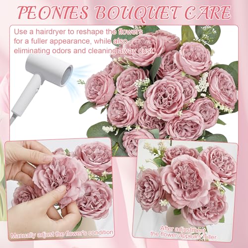 Peonies Artificial Flowers Bulk, 12 Bundles Fake Silk Peonies Faux Eucalyptus Bouquet Realistic Peony Floral Arrangement for Wedding Table Centerpiece Vase Decor (Dusty Pink) - color: Dusty Pink