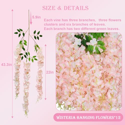 12 PCS Wisteria Hanging Flowers, 3.6ft Fake Wisteria Vines Artificial Wisteria Garland Silk Flower String for Wedding Arch Garden Party Home Ceiling Wall Backdrop Tent Decoration (Light Pink) - color: Light Pink, size: 12 Pack
