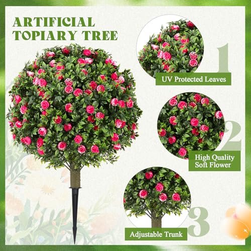 Lunmon 2 Pack 24" Artificial Topiary Ball Plants Trees with Flowers, Outdoor Fake Topiary Plants with Ground Spike, UV Resistant Faux Bushes for Indoor Outdoor Front Door Decor(Pink, White,Rose) - color: Pink, White, style: Rose