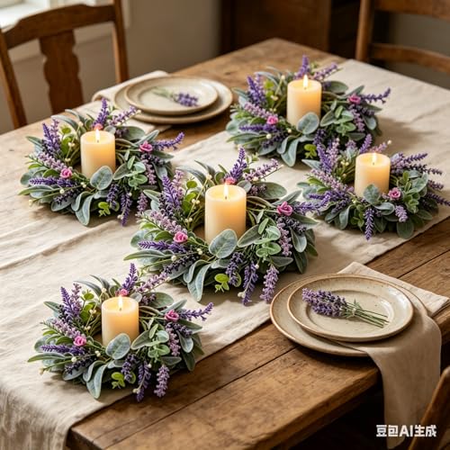 8 pcs Mini Lavender Candle Rings Wreaths Purple Daisy Pillar Holder Wreath Artificial Wild Flower Spring Summer Floral Wreath for Farmhouse Porch Cabinets Table Decoration - color: Lavender