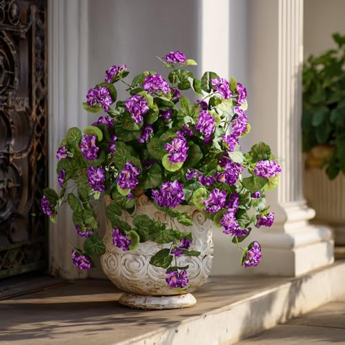 Artificial Geranium Flowers for Outdoor 2 Pcs Artificial Purple Flower Fake Flowers with Stems Silk Realistic Look Real Floral Arrangement for Front Door Porch Planter Patio Balcony (2 Pcs Purple) - color: 2 Pcs Purple