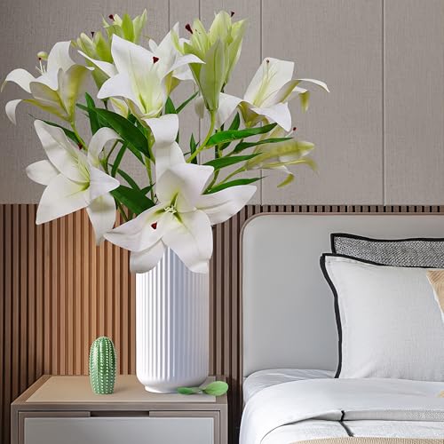 Artificial Lily Flowers,4 Pcs Faux Lily Flowers,32.5 Inch Long Stem Tiger Lily Branch with 2 Full Blooms and 1 Bud, Latex Real Touch Lilium Flower for Wedding Bouquet (4, White) - color: White