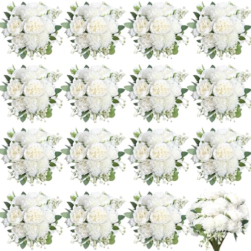 16 Bundles Artificial Flowers Peonies, Silk Faux Peony Bulk Floral Arrangements Bundles Fake Peonies for DIY Bouquet for Vase Centerpiece Home Wedding Party Centerpiece(White) - color: White