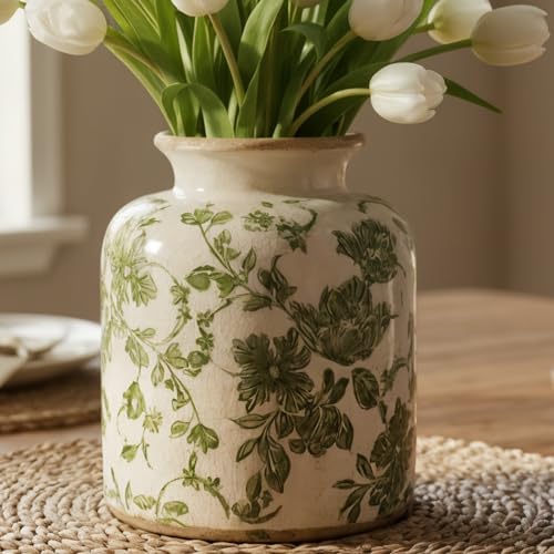 Vintage Green Crackle Glaze Ceramic Flower Vase, 6” Small Rustic Pottery Decorative Botanical Vase with Distressed Beige Rim French Country Farmhouse Cottage Tabletop & Mantel Home Decor - size: Small Vintage Round Floral Vase