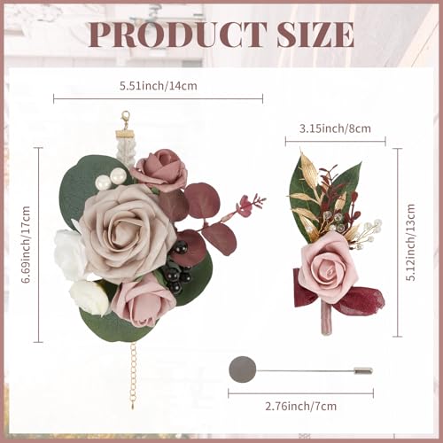 2Pcs Wedding Corsage and Boutonniere Set Dusty Pink Rose Corsage Wristlet and Boutonniere for Men Women Groom Bride Bridesmaid Groomsmen Wedding Party Accessory Prom Decoration (Dusty Pink) - color: Dusty Pink