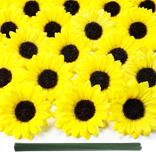 Coferset 40pcs Fake Sunflower Heads with Stems, 4" Sunflower Artificial Silk Flower Heads for Crafts, Sunflower Decorations for Birthday Party Baby Shower Wedding Bathroom Home Decor(Bright Yellow) - color: Bright Yellow-40pcs