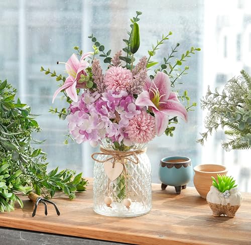 Faux Flowers with Vase, Artificial Silk Flowers in Vase for Mom Gifts, Fake Pink Lily, Hydrangea and Dandelion, Arrangement for Home Spring & Summer Decor Dining Coffee Table Centerpiece Decorations - color: Purple & Pink