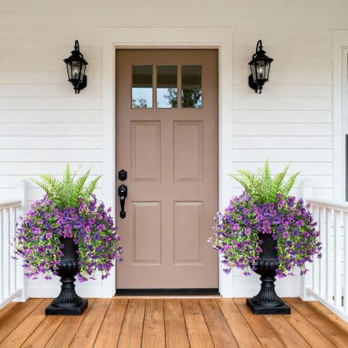 ZFProcess Artificial Fake Hanging Flowers for Outdoors, Silk Daisy with Articial Boston Ferns Plants Set, Realistic Spring Fake Outdoor Flowers UV Resistant Porch Patio Yard Decor - color: Double Purple Daisy With Fern