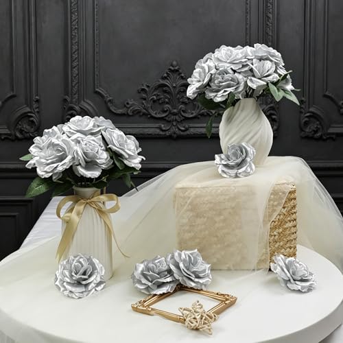 50 Pcs Rose Flower Head, Artificial Flowers Bulk for DIY Crafts, 3in Fake Rose Silk Flower Head wit Stem, Faux Flowers for Decoration, Wedding Home Party Decor Garland Decor (50, Silver) - color: Silver