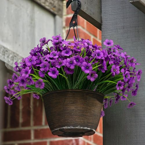LikSoor 21 Bundles Artificial Outdoor UV Resistant Flowers No Fade Fake Outside Flowers Plastic Greenery Faux Shrubs Garden Porch Window Box Home Decoration(Violet) - color: Violet