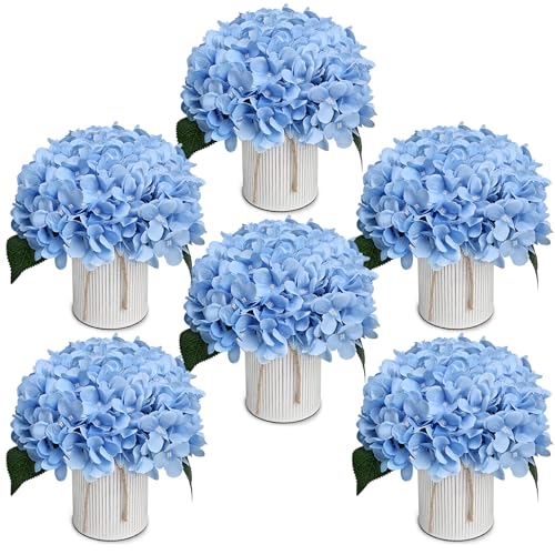 Flower Table Centerpieces - Set of 6 Floral Arrangement Artificial Wedding Hydrangeas Floral Arrangement with Rustic Metal Vase for Bridal Tea Party Event Decorations - Pastel Blue - color: Pastel Blue