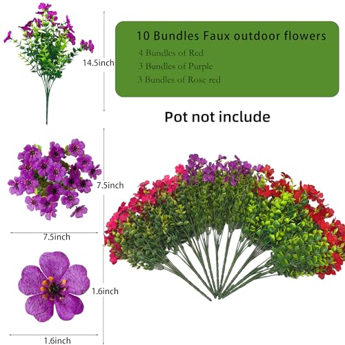 Outdoor Fake Flowers UV Resistant, No Fade and Weatherproof Silk Outdoor Artificial Flowers for Spring Porch Garden Patio Window Box,Big Savings on Money & time,10 Bundles （Red Purple Rosy） - color: 4red+3rosy+3purple
